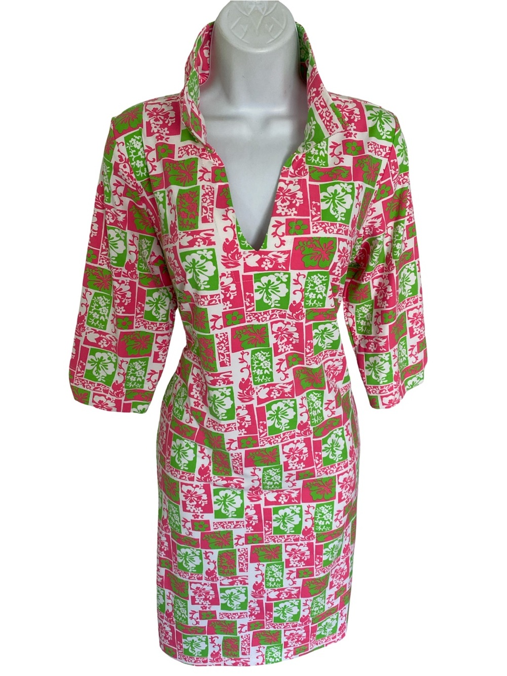 Katherine Way Pink Green White Geometric Print Midi Dress
